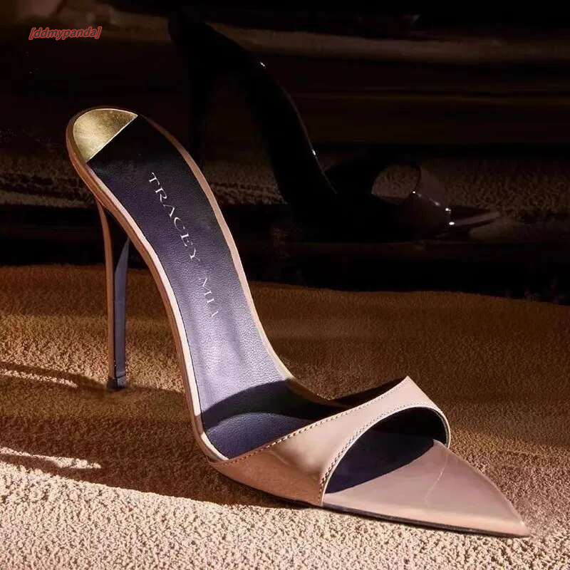 2025 Fashion Sexy PU Shallow Slim High HeelsWomen's Pointed Open Toe Outdoor Solid Color Anti Slip Sandals Slippers Mules ddmypanda