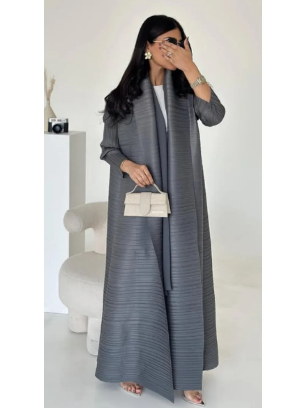Muslim pleated Abaya elastic open dress Eid al Fitr womens Maxi Caftan cardigan wool sweater printed in Dubai Kaftan Islam Vestidos Jalabiya 250409