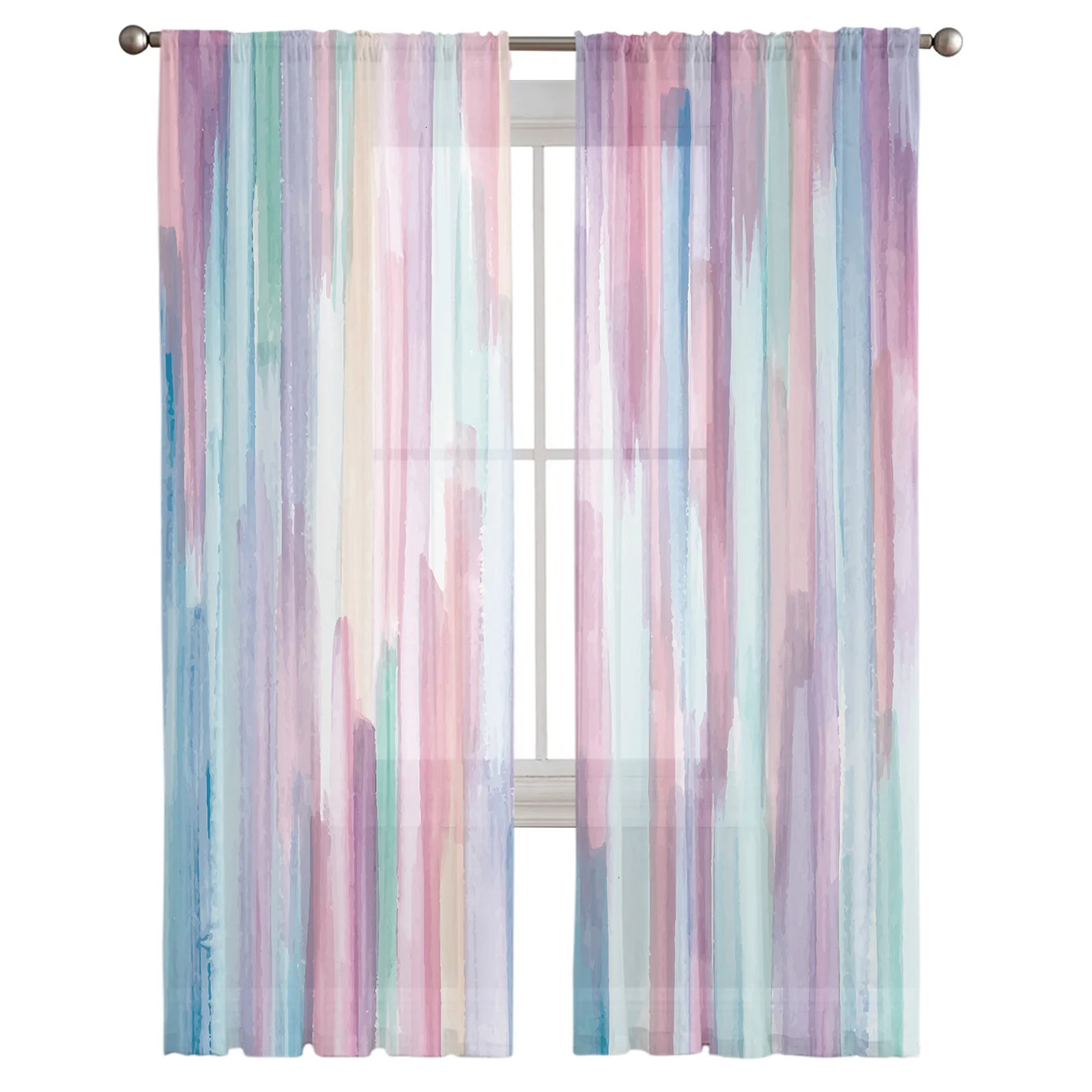 Rainbow strip modern living room curtains transparent sheer curtains bedroom decoration 250409