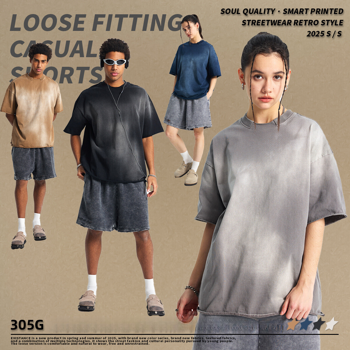 2025 Summer New Product Destruction Collar Cotton Spray Dyeing Used Men's Short sleeved T-shirt Washed INS Loose T