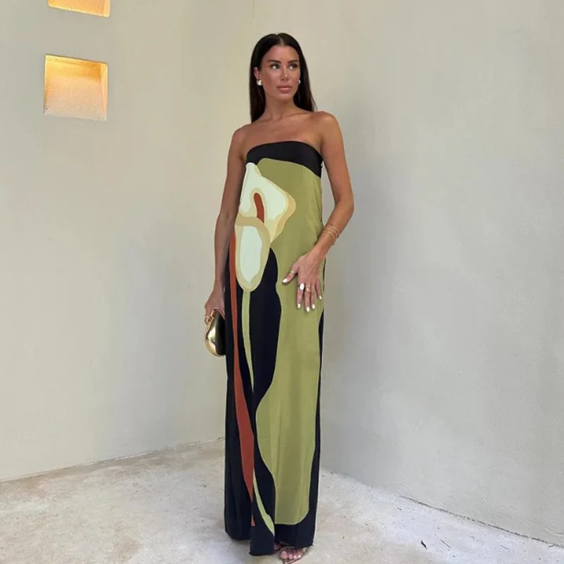 Sexy strapless backless printed long dress for women fashionable sleeveless shoulder vest summer womens party evening 250409