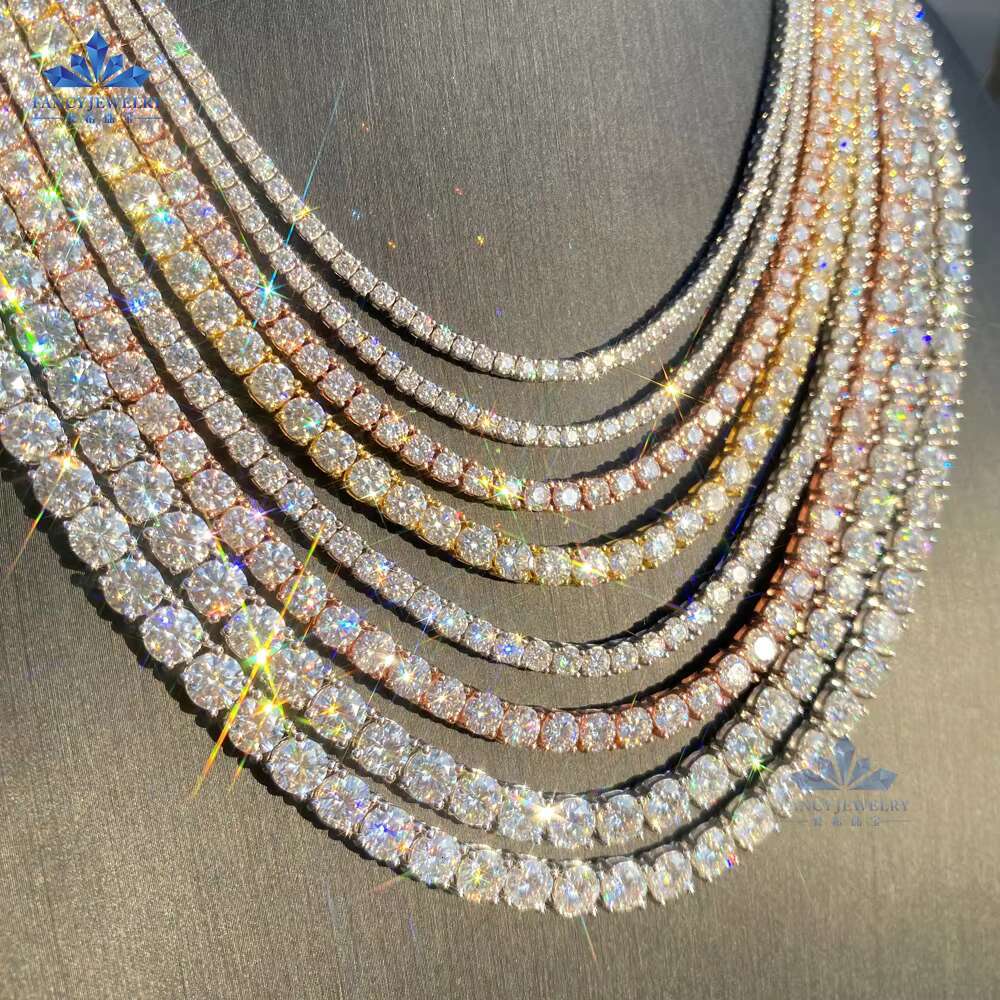 Pass Diamond Tester Hip Hop Jewelry 2.0mm 3mm 4mm 5mm 6.5mm VVS Moissanite Diamond 925 Silver Iced Out Tennis Chain Necklaces