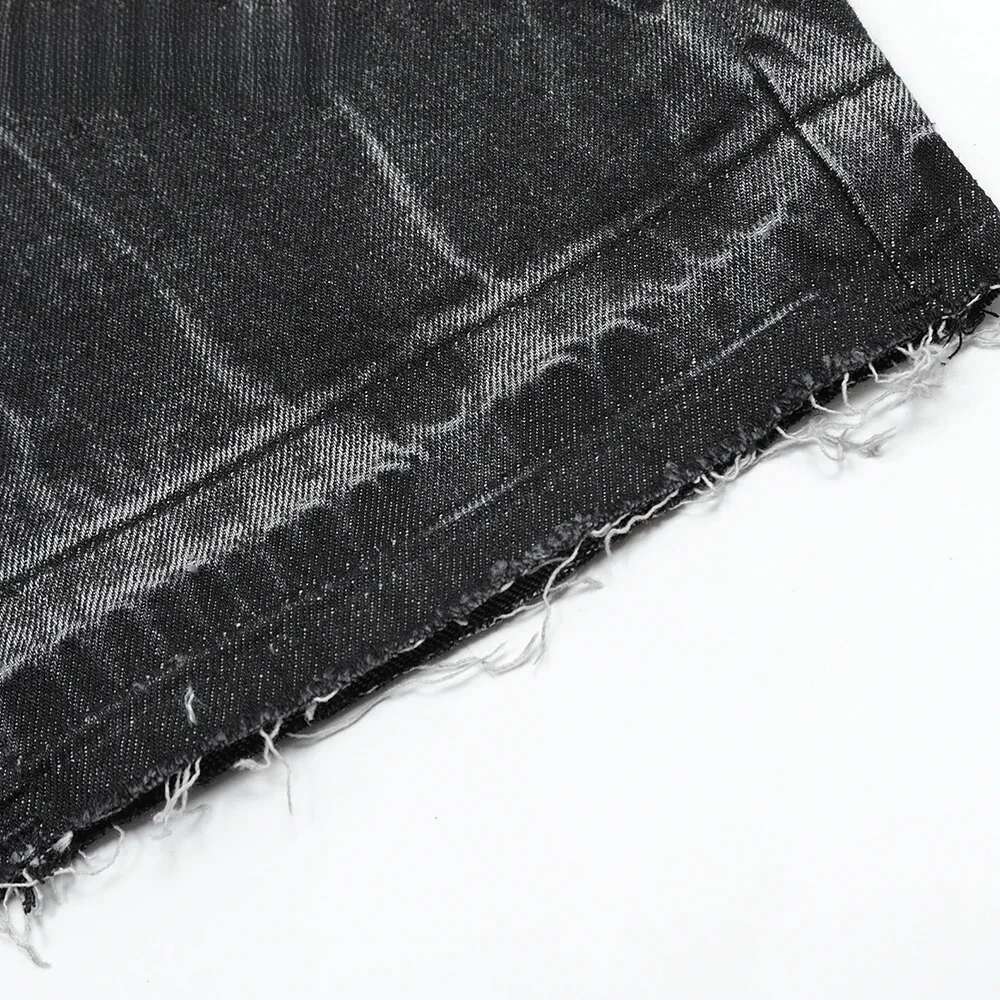 Black Grey Denim Mens Raw Edge Loose Straight-Leg Pants High Street Washed Distressed Casual Jeans Men