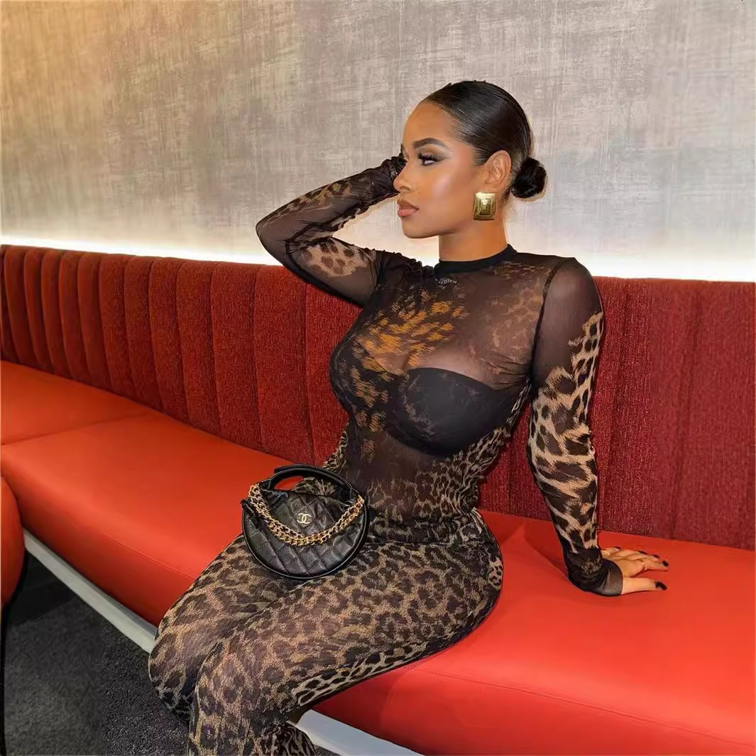 2025S Designer Women S Set Summer New Mesh Perspective Sexy Hot Girl Long Sleeve Top Pants Leopard Pattern Set