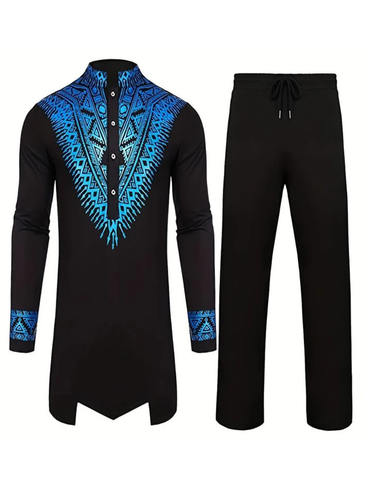 Muslim Robe Navy Blue Long Sleeve Trouser Arab Mens 3D Pattern Printing Black White Yellow 250409