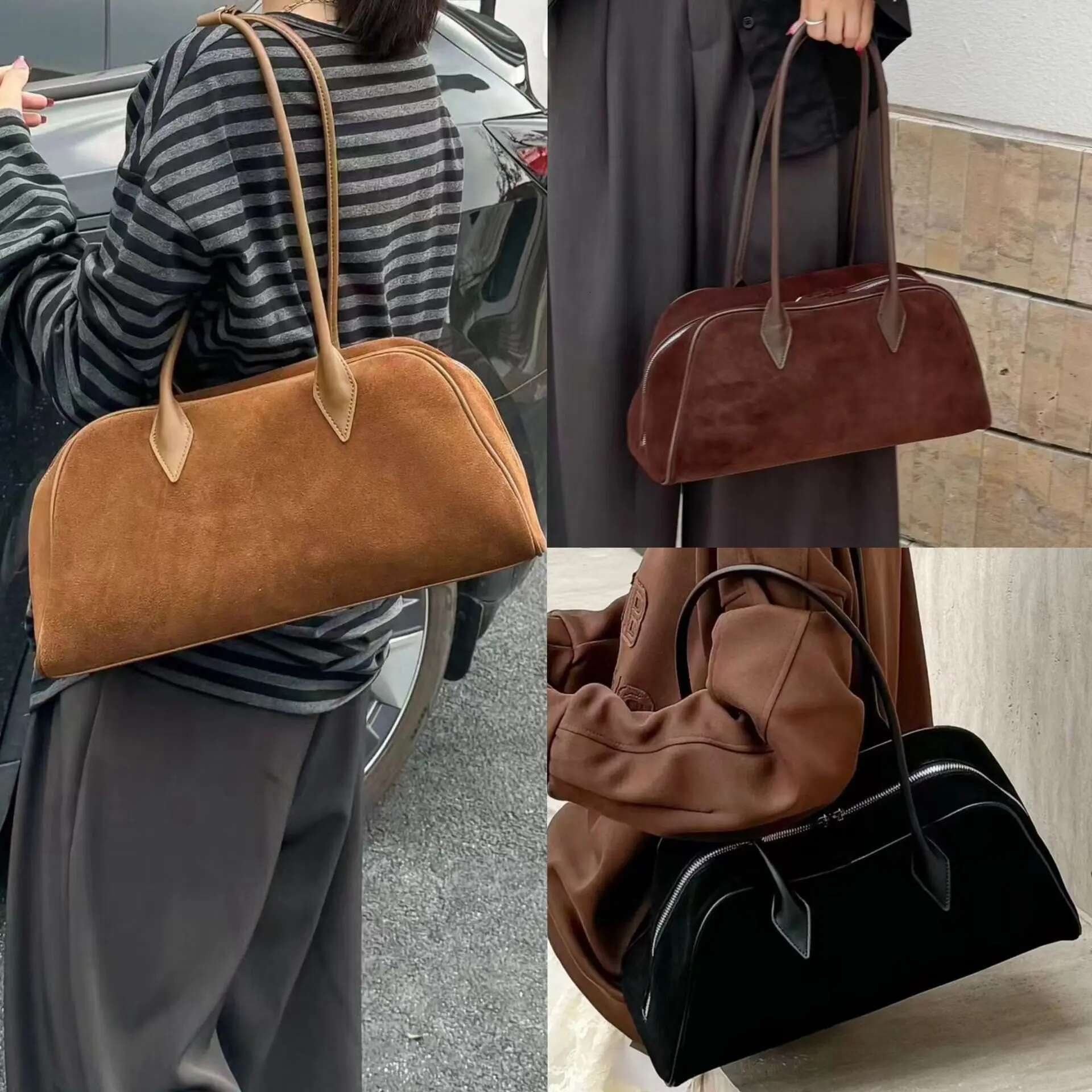 Suede Large Capacity Boston Underarm Ladies Women Fashion Commuter Bowg Frosted Shoulder Bag Coffe Brown
