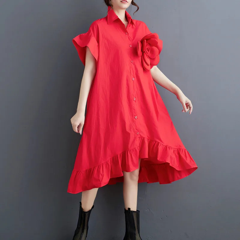 Wxw3917 black red asymmetrical shirt womens butterfly sleeves spliced work flower Aline front loose dress 250409