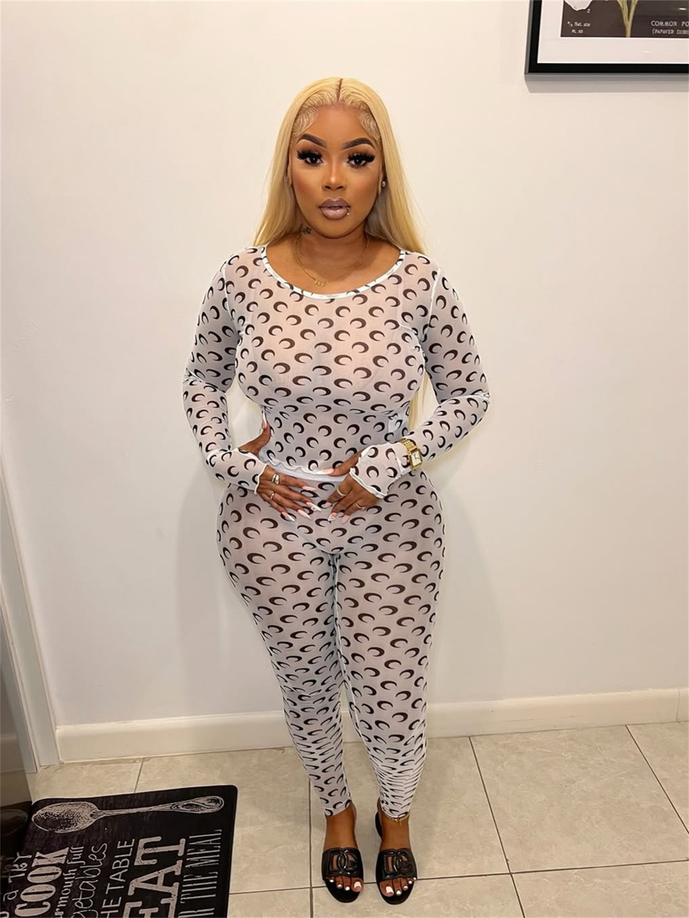 2025S Designer Women S Set New Trendy Fashionable Moon Print Slim Fit Sexy Perspective Round Neck Long Sleeved Top And Pants Set
