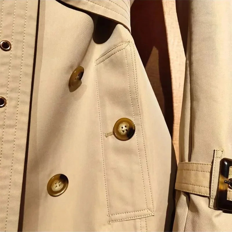 Waterproof British womens trench coat elegant khaki double chest casual slim fit short top 250409