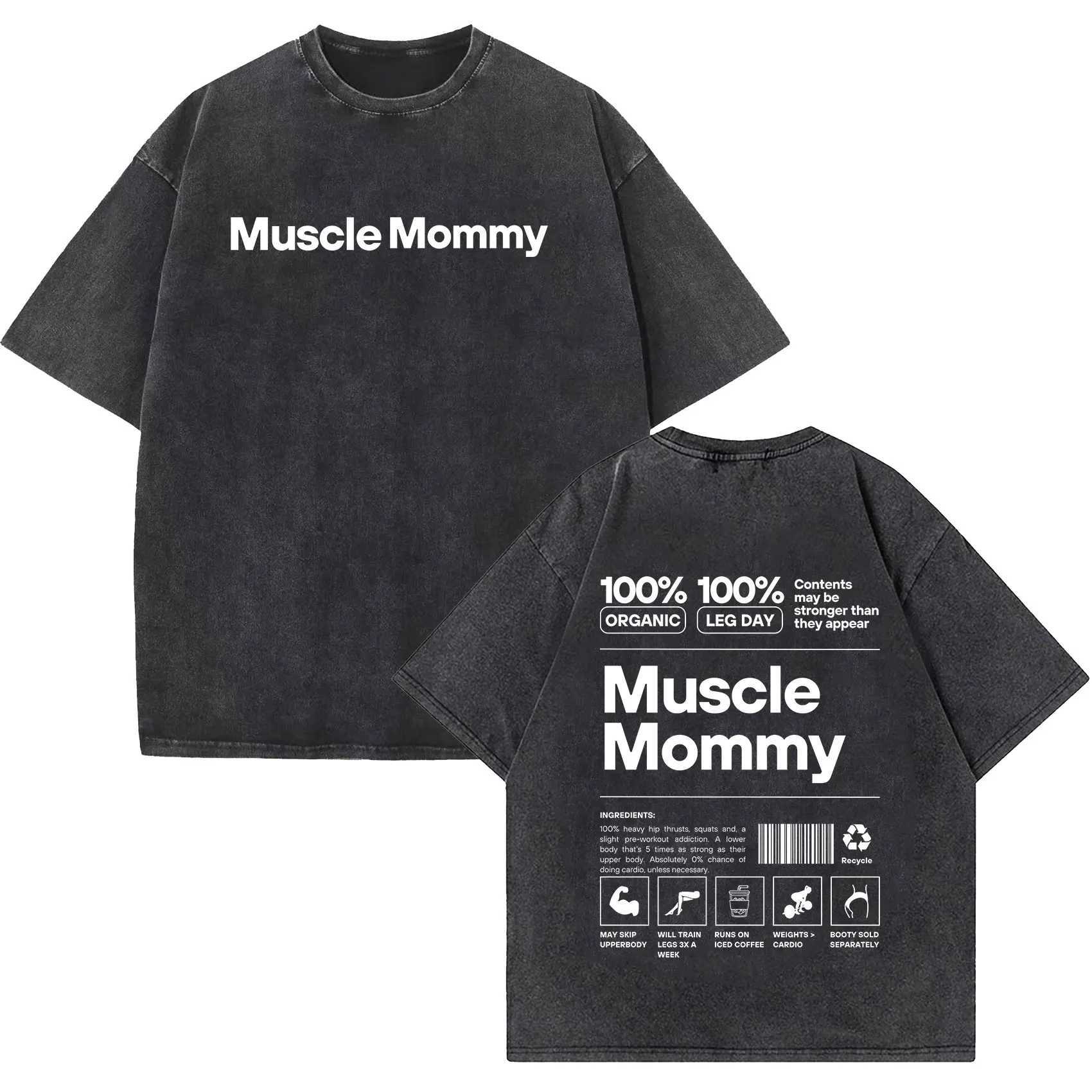 Fun muscle mom gym retro wash T-shirt mens fashion O-neck short sleeved T-shirt casual 100% pure cotton oversized T-shirtXJ250409