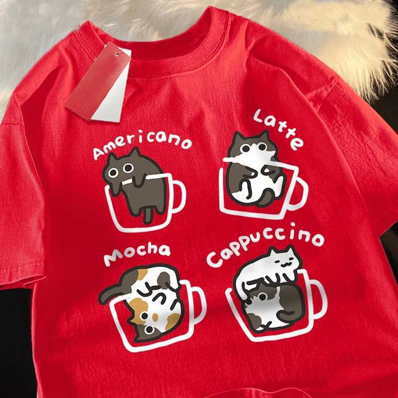 Cat Coffee Pure Cotton Trendy Summer Loose Short sleeved T-shirt Mens Original Mocha Latte Cat Three Flowers Fun Cat TeesXJ250409