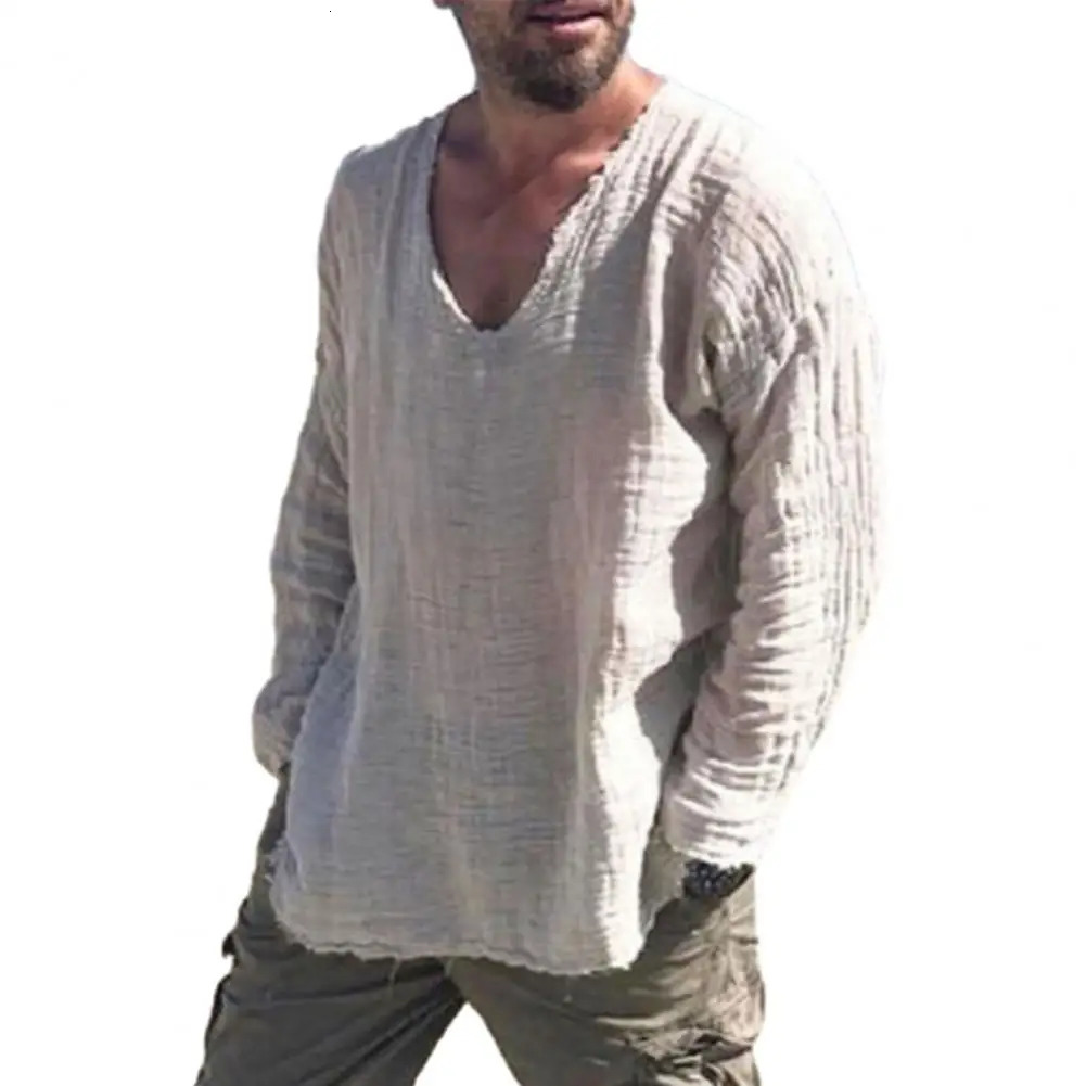 Men V-neck Long Sleeve Shirt Tops Burr Edge Pleated Loose Thin Pullover Tops Streetwear Spring Autumn Casual Handsome Men Shirts 250408