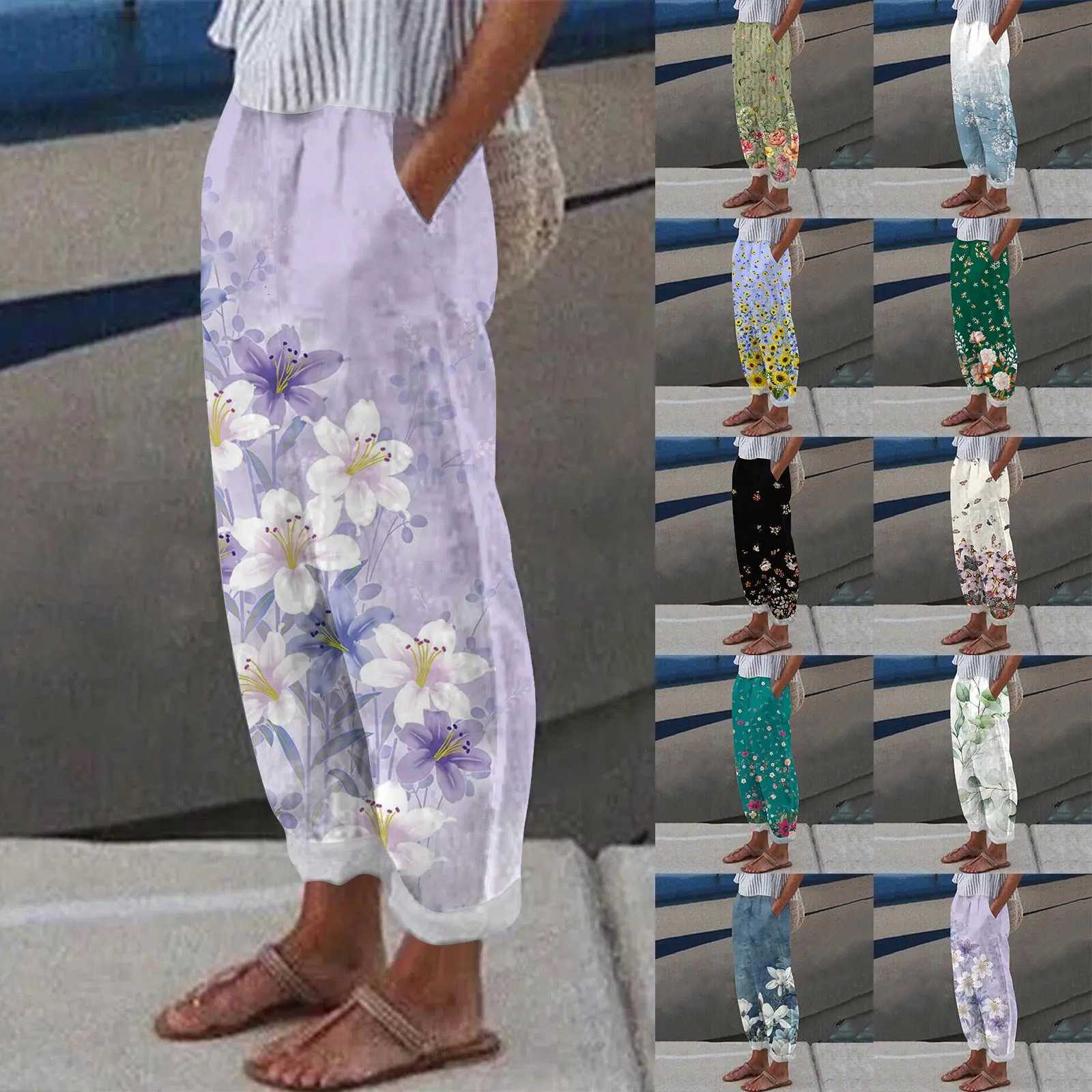 Womens pants 2025 womens linen pants with pockets high waist comfort white casual pants lightweight and looseXJ250403