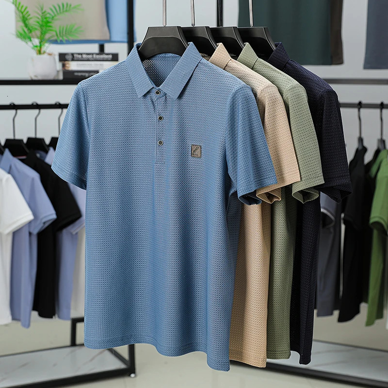 High End Summer Mens Ice Silk Polo Shirt Selling Fashion Leisure Plaid Print Non Ironing Mens Short Sleeved Top 250407