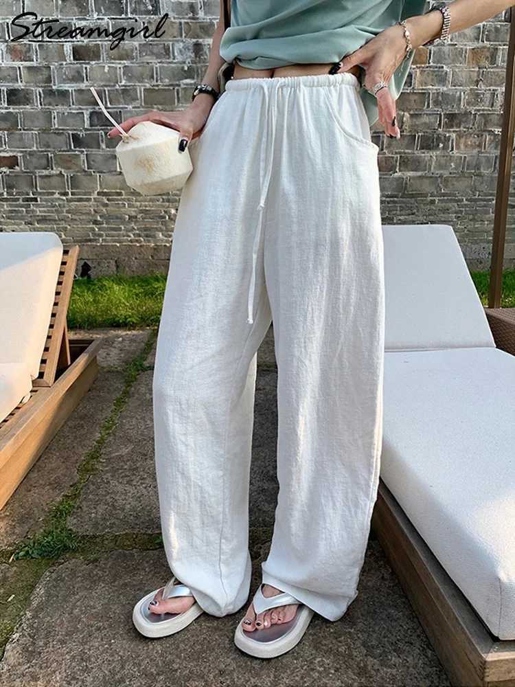 White cotton linen pants for women with wide legs basic summer Trousers cotton thin high waisted loose straight womens pants summer 2025XJ250403