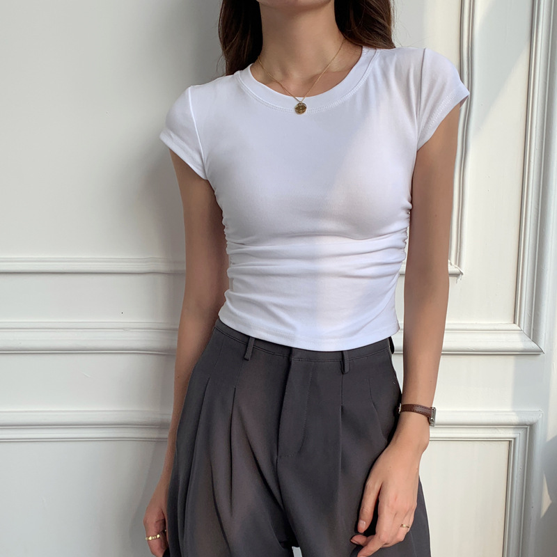 2025S Designer Women S T Shirt Solid Color T Shirt Women S Sleeved Summer New Design Feeling Waist Tightening Slimming Short Shoulder Top