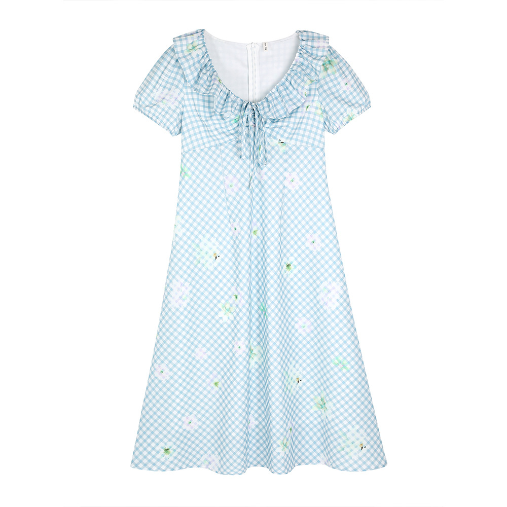 G4220 High quality floral shoulder dress for fat women, large size, slim waist and medium-length dress