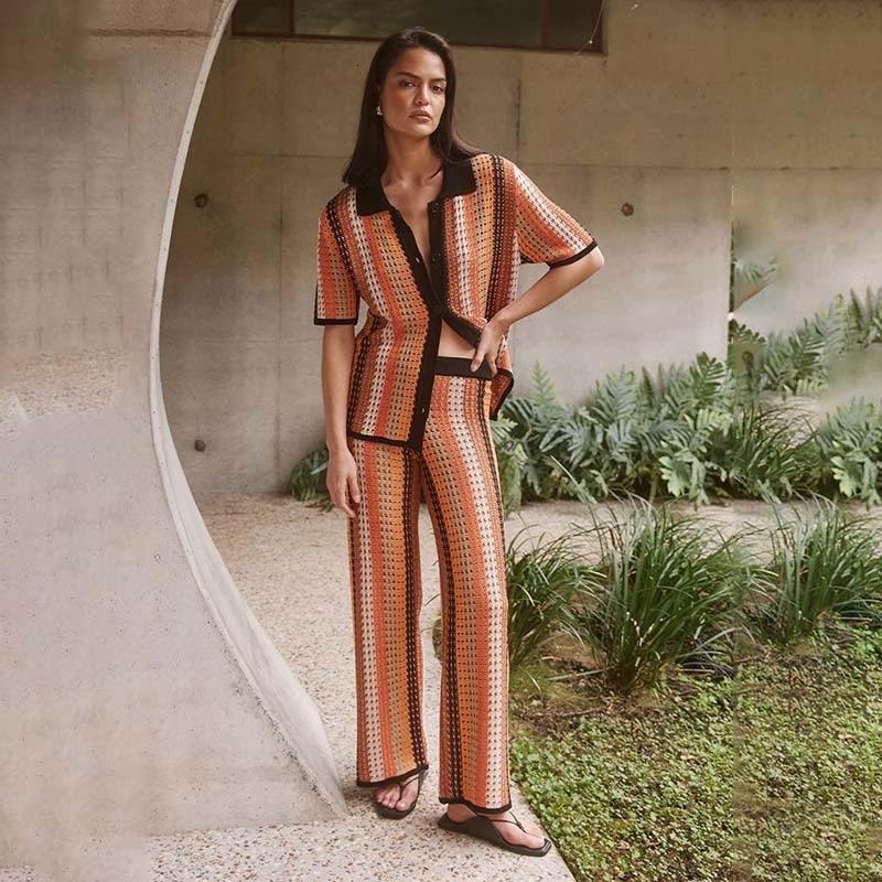 New casual suit womens knitted striped long pants short sleeved hooded dress