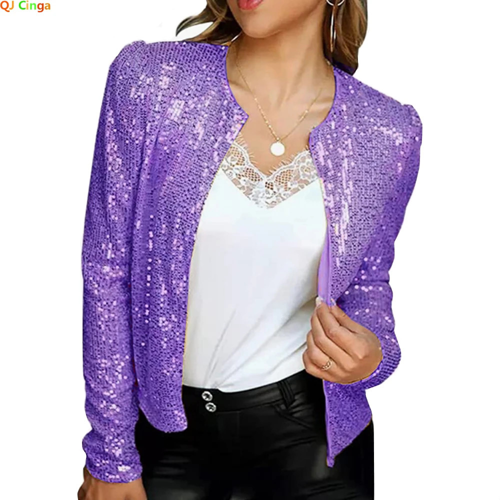 Golden purple shiny sequin round neck cardigan jacket womens fashionable short silver blue no red coat 250409