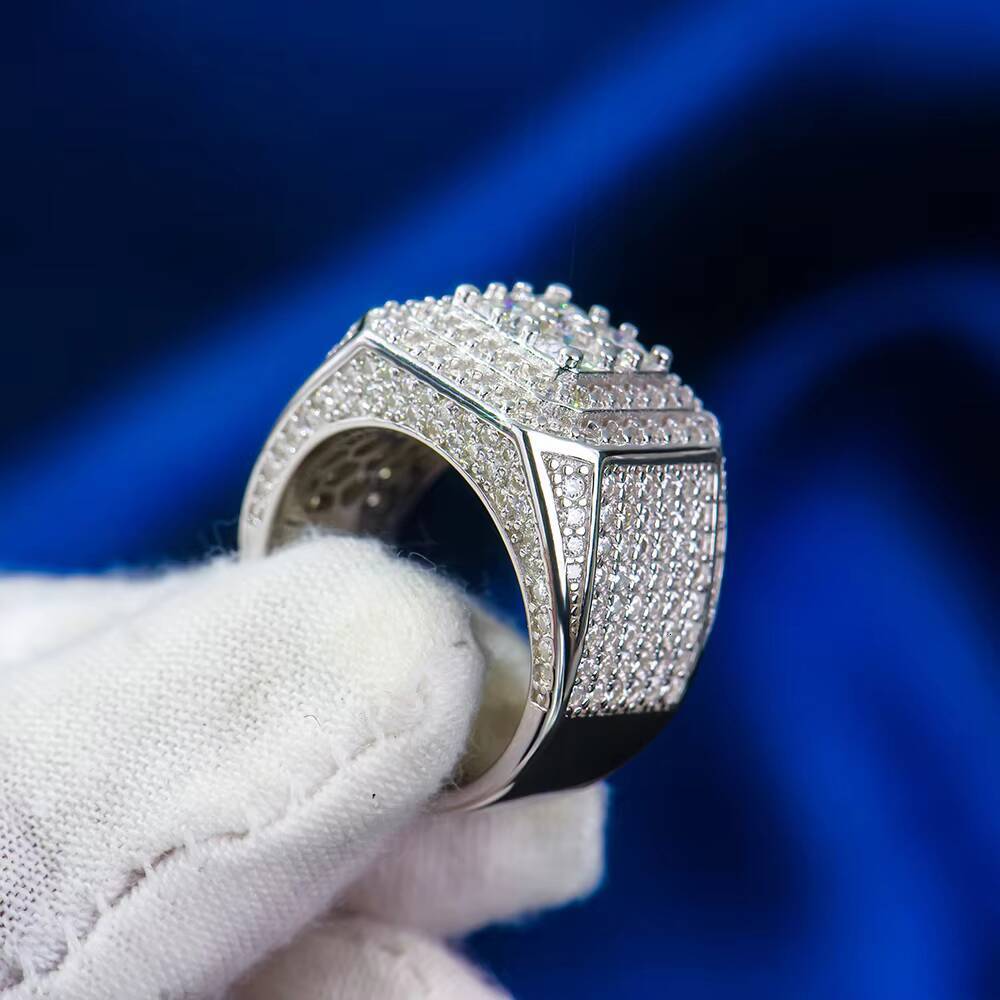 925 Sterling Silver Hip Hop Ring Gold Plated New Style D VVS Diamond Moissanite with GRA Certificate for Men