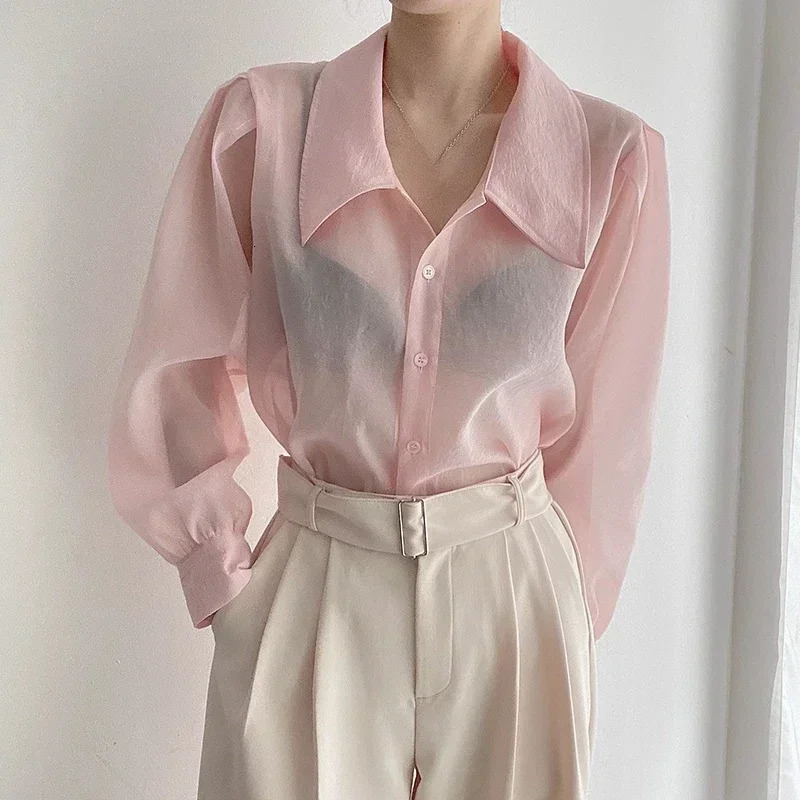 REALEFT SpringSummer Thin Womens Top Pink Long Sleeve Single Chest Solid Elegant Shirt 250409