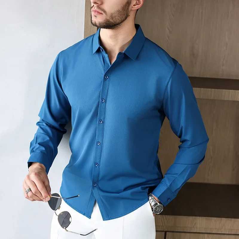 New Mens Business Casual Long Sleeve Solid Color Shirt Wrinkle Resistant Comfortable All Season Versatile Top W250627