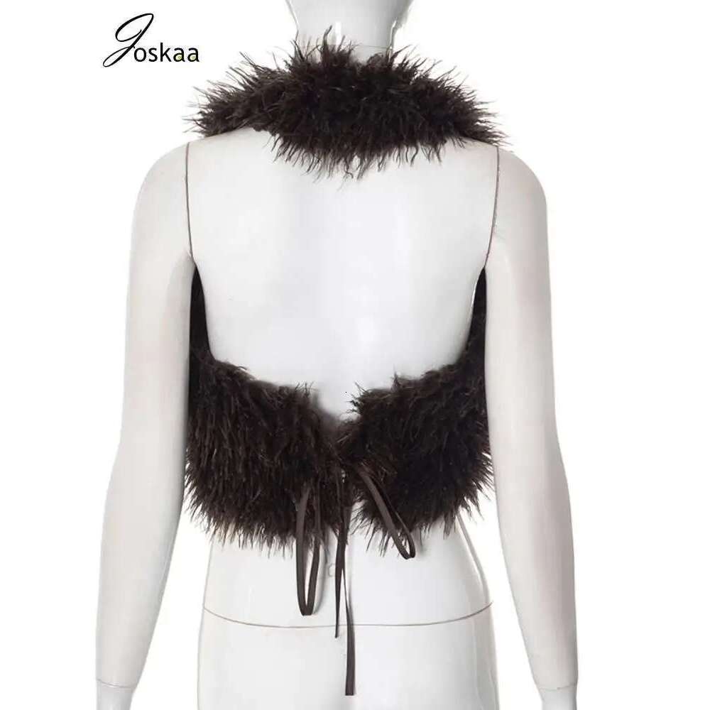 Joskaa Sexy Faux Fur Waistcoat Women Furry Backless Bandage Halter Crop Vests Coat 2025 Fashion Warm Outerwear Y2k Streetwear