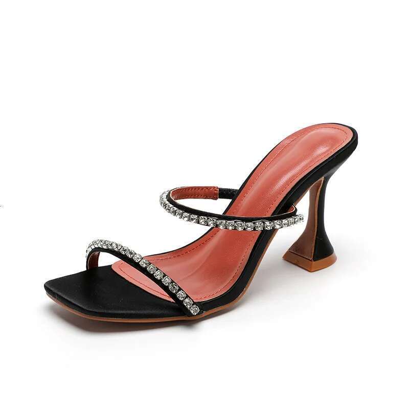Big Size Glitter Slides High-Heeled Shoes Lady Square Toe Ladies' Slippers Jelly Thin PU Crystal Fretwork Rubber Scandals