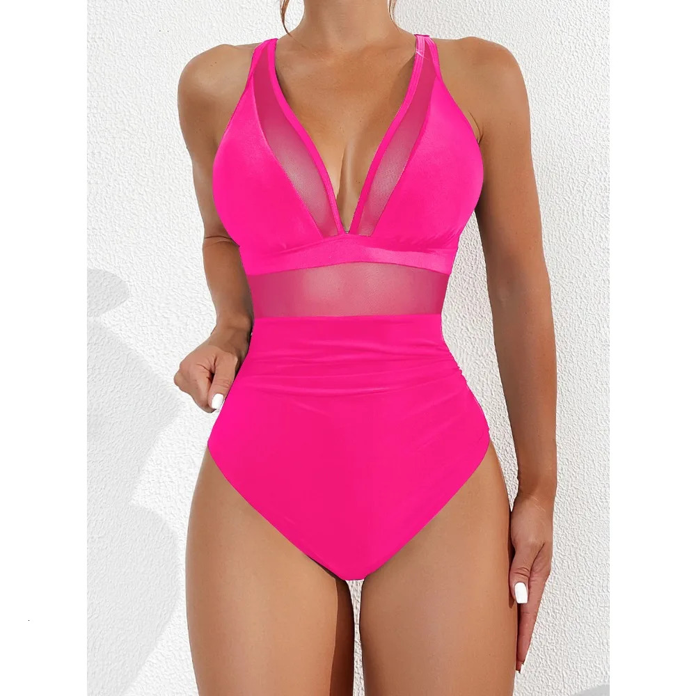 summer beach swimsuit solid onepiece womens deep Vneck detachable bra plain Monokinis 250409