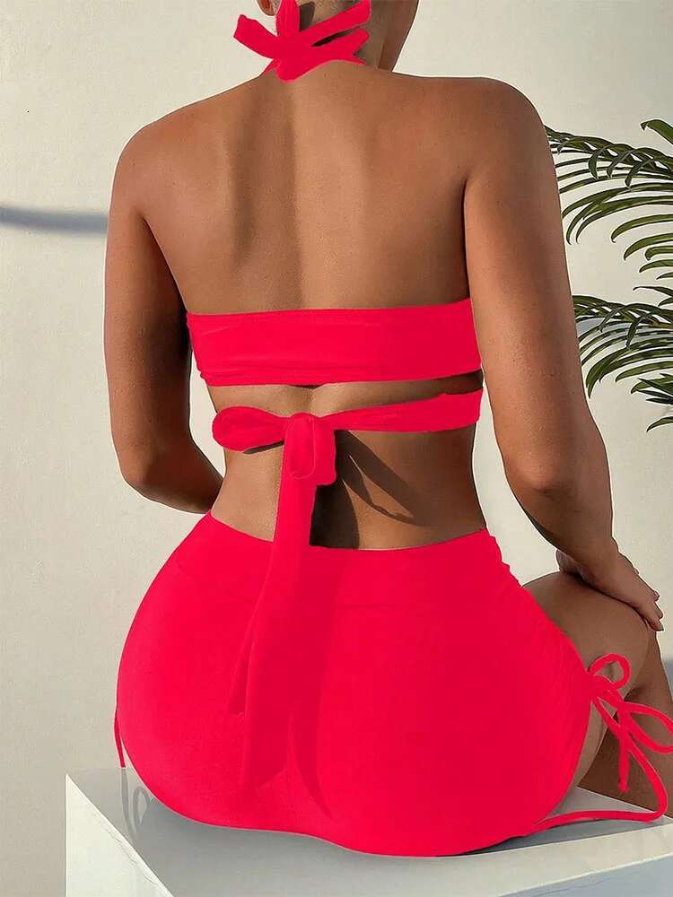 Women Two-piece Swimsuit Sexy Solid Bikini Cross Hollow Push Up Swimwear Lady Backless Bathing Suit European Summer Beachwear