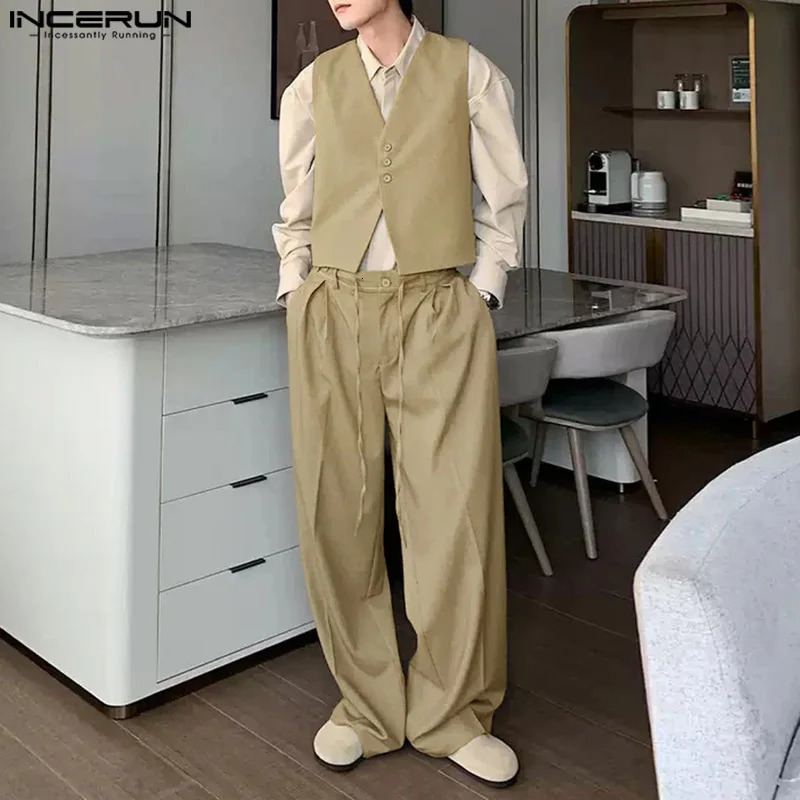 INCERUN Korean style set fashion mens sleeveless vest pants casual street clothing solid twopiece S5XL 250409