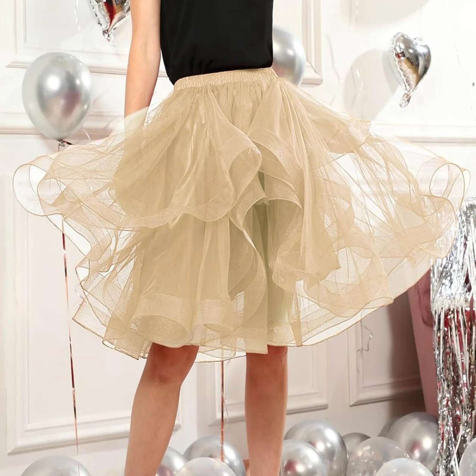Dongdumaoyi Tutu Fluffy Skirt Women S White Elastic High Waist Performance Party A Line Knee Length Skirts Elegant Ruffle Multi Layer Faldas