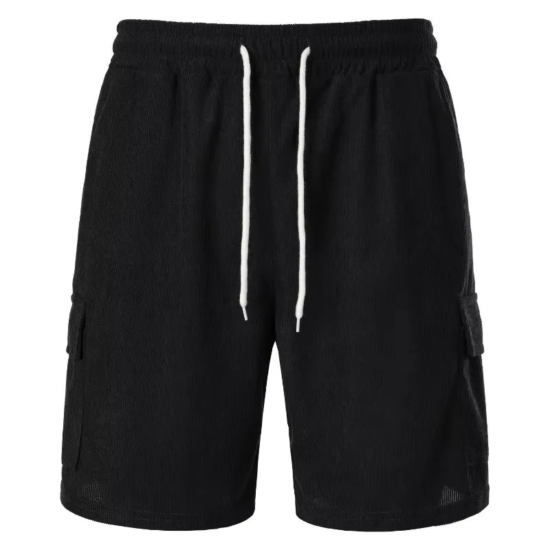 Mens Drawstring Waist Casual Shorts Summer Straight Leg Beach Shorts with Pockets Breathable Corduroy Pants Streetwear 250407
