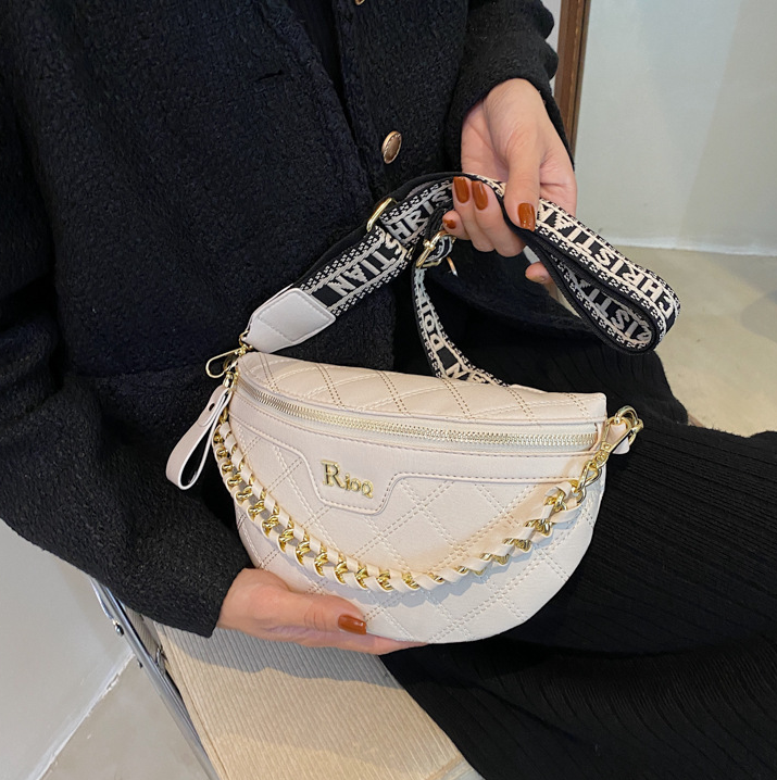 Free Shipping Black & Off-White Quilted Letter Logo Chest Bag Gold Chain Decor Fashion Waist Bag Printed Wide Strap Daily Multi-Use French Style Bag