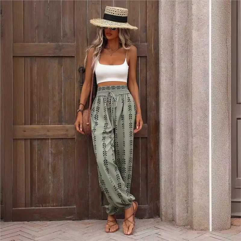 Womens Trousers 2025 Summer Versatile Grid Wide Leg Lantern Pants Casual Pants Lace up Elastic Waist PantsXJ250403