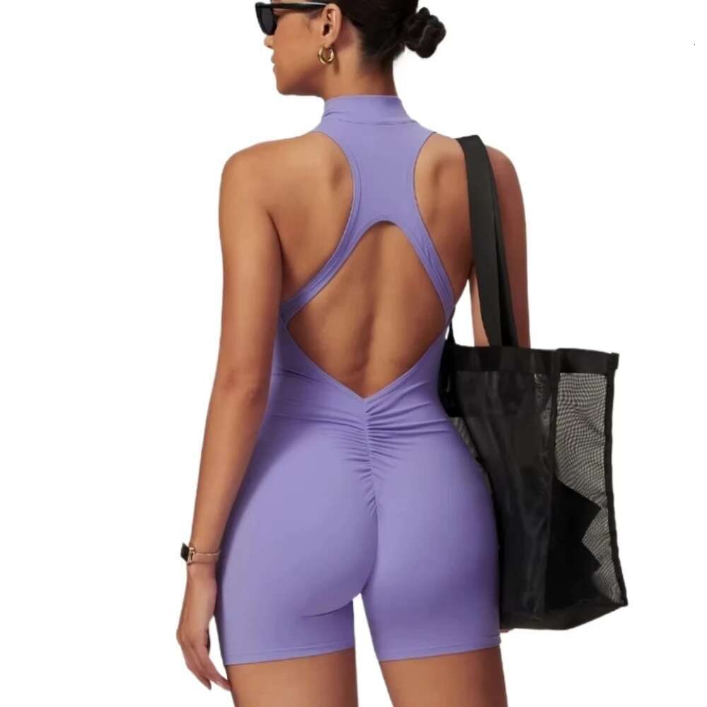 New V Back Scrunch Sports Jumpsuit Gym Rompers Sleeveless Sportswear Bodysuits Women Zipper One-Piece Suit Yoga Clothing