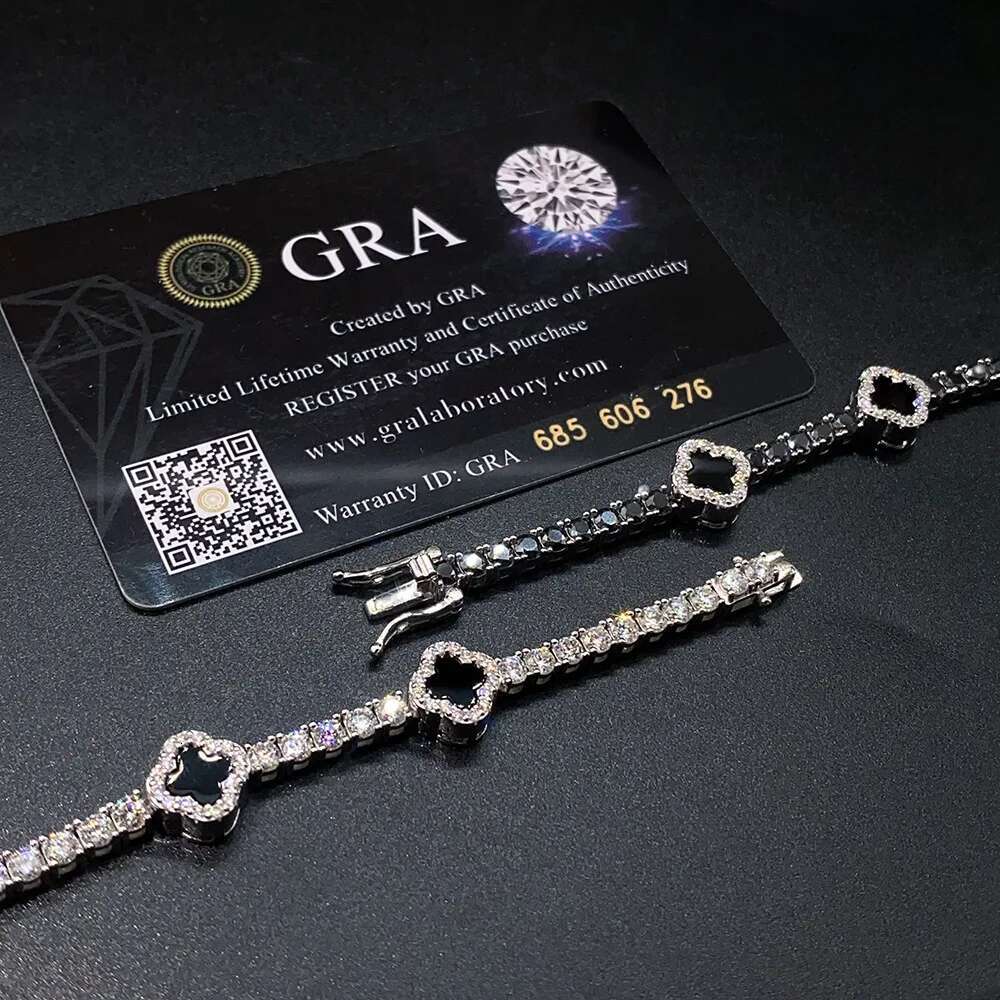 3mm Moissanite Black Agate Clover S925 silver Tennis Chain Bracelet Iced Out for Men Fashion Hip Hop Jewelry Pass Diamonds Teste