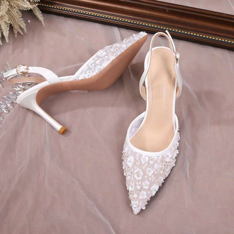 2025 Summer Lace Beaded Wedding Shoes Back Strap High Bridesmaid Sandals For Women French Party Heels
