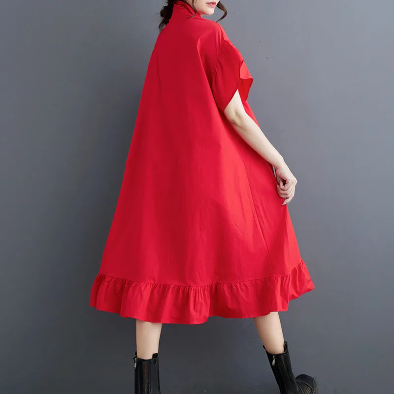 Wxw3917 black red asymmetrical shirt womens butterfly sleeves spliced work flower Aline front loose dress 250409