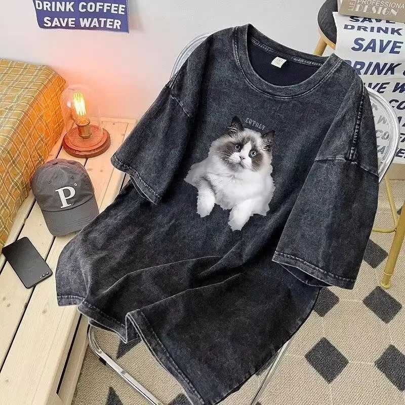 Wash vintage American mens and womens summer T-shirts cotton crew collar breathable and comfortable top suitable for daily wearXJ250409