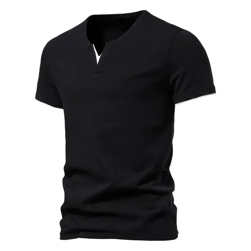Summer mens short sleeved Henley V-neck lightweight T-shirt casual cotton ultra-thin fit basic loose fitness sports breathable top 250402