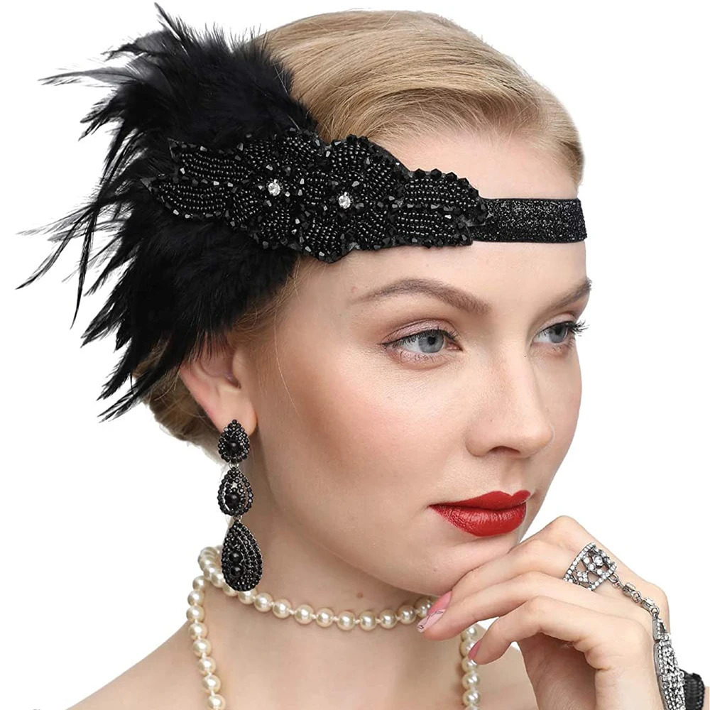Roaring 20s Black Feather Headband 1920s Flapper Headpiece Women Costume Headwear Great Gatsby Party Hair Accessories 250409