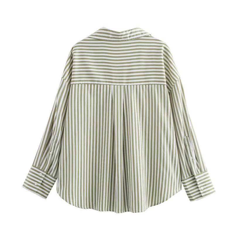 2025 Spring/Summer New Product Women's Fashion Stripe Versatile Collar Long Sleeve Shirt Collar Buckle Decoration