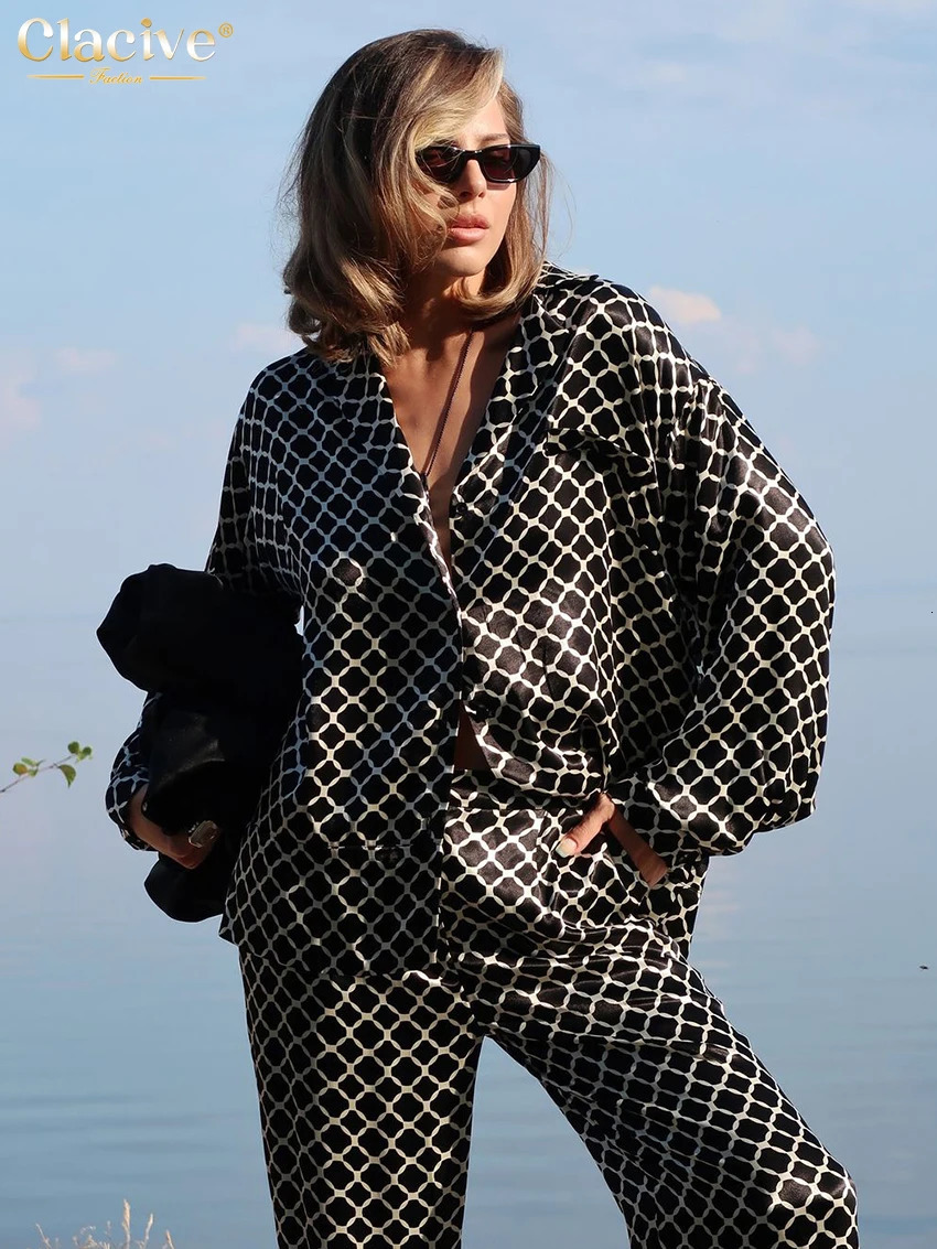 Clacive Fashion loose print womens twopiece set elegant long sleeved shirt high waist wide pants 250409