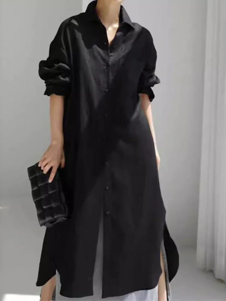 Summer fashion womens cotton linen dress elegant loose irregular open top single chest fashionable long sleeved 250409