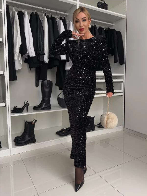 New Women's Clothing Round Neck Sleeve Solid Color Sequin Mid-Waist Elegant Long European and American Style Dress
