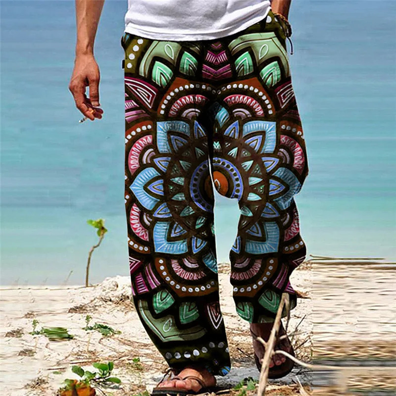 Summer Mens Retro Elements Casual Wide-leg Pants 3D Printed Hawaiian Baggy Beach Pants Fashion Wide-leg Pants 250408