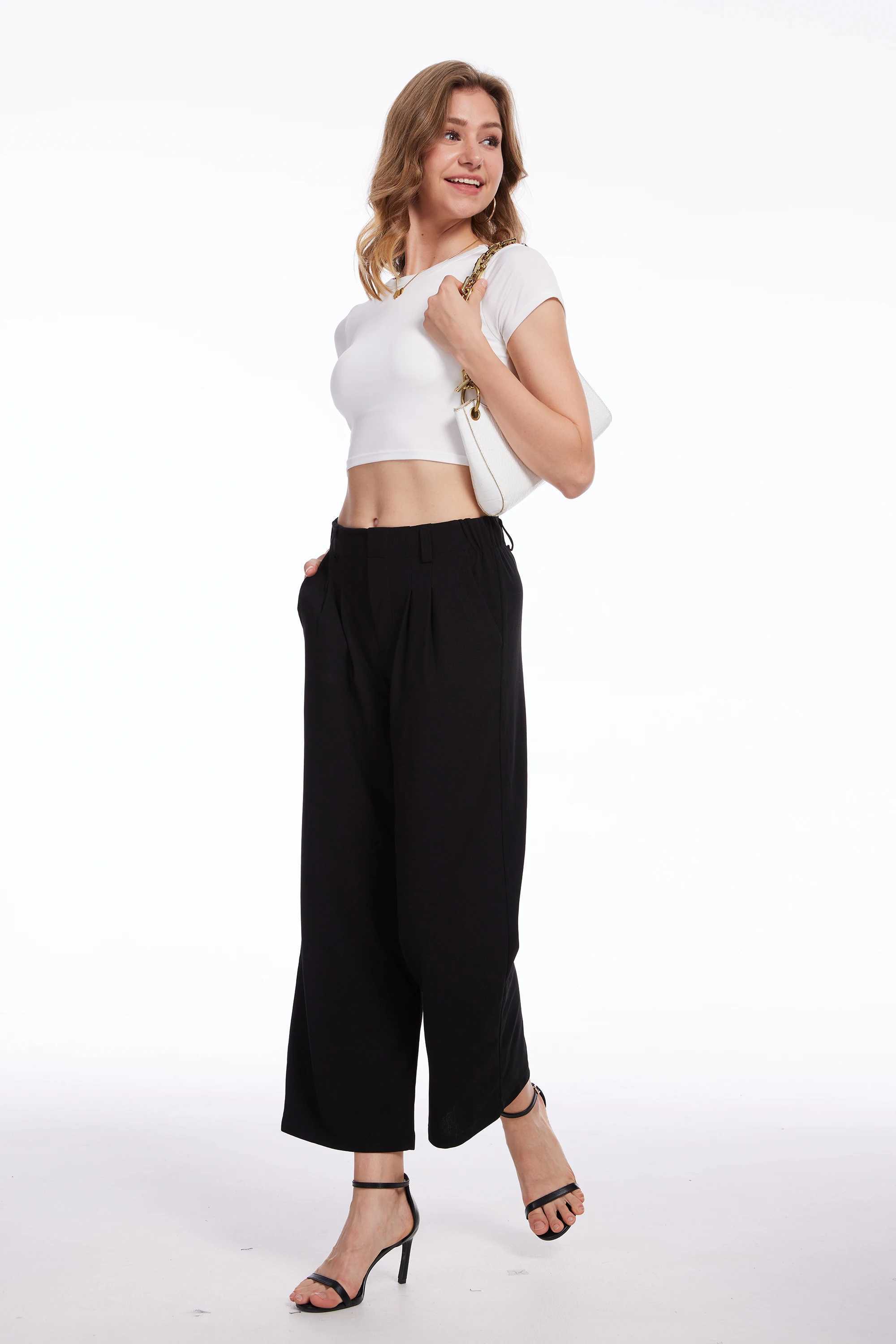 Womens casual business wide leg cut pants elastic waist pants office clothes womens solid slack pantsXJ250403