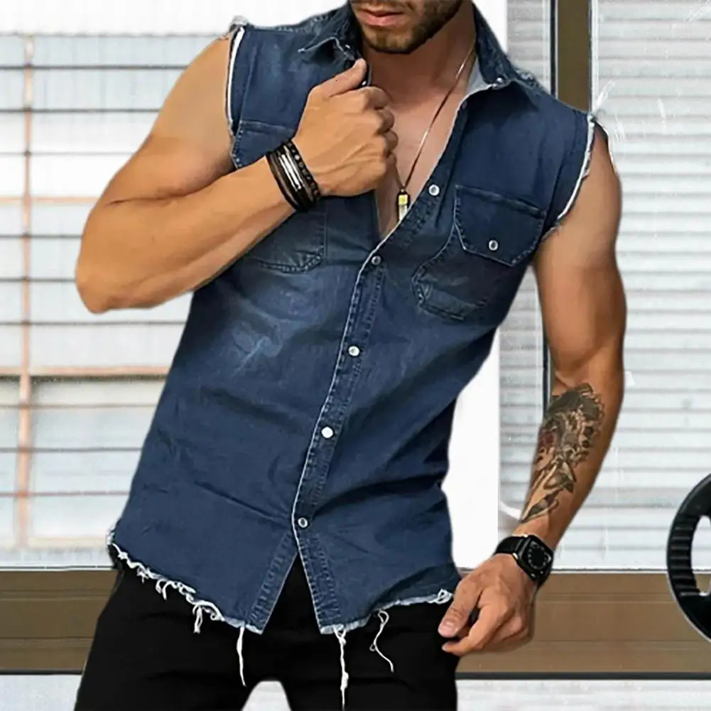 Lapel sleeveless vest jacket single chest lapel pocket tassel mens summer solid color denim shirt street fashion show body muscles 250409