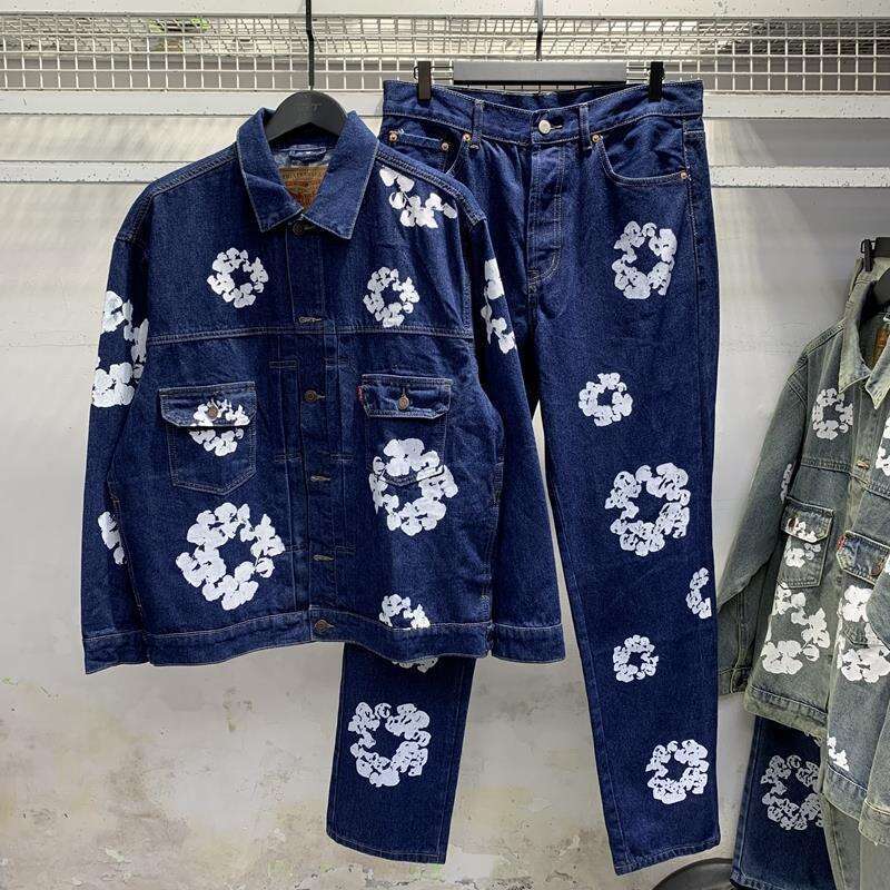 Women's Wear DT Cotton Print Denim Suit, High Street Youth Trend Jacket, Trendy Casual Pants, Men's Jeans